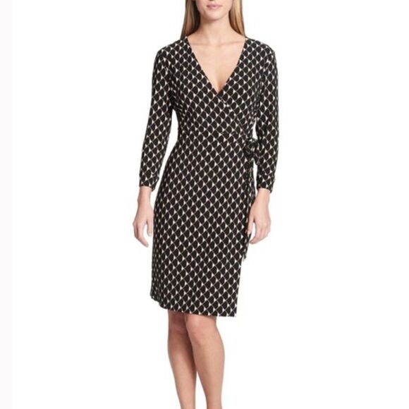 Tommy Hilfiger Wm’s Sz 4 Jersey White All Over Diamond Side Tie Faux Wrap Dress - Picture 2 of 8